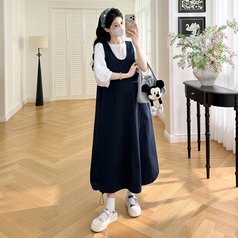 2026 Elegant Maternity Two-Piece Set: Spring-Autumn Loose Slimming Pinafore Dress + Round Neck T-shirt M
