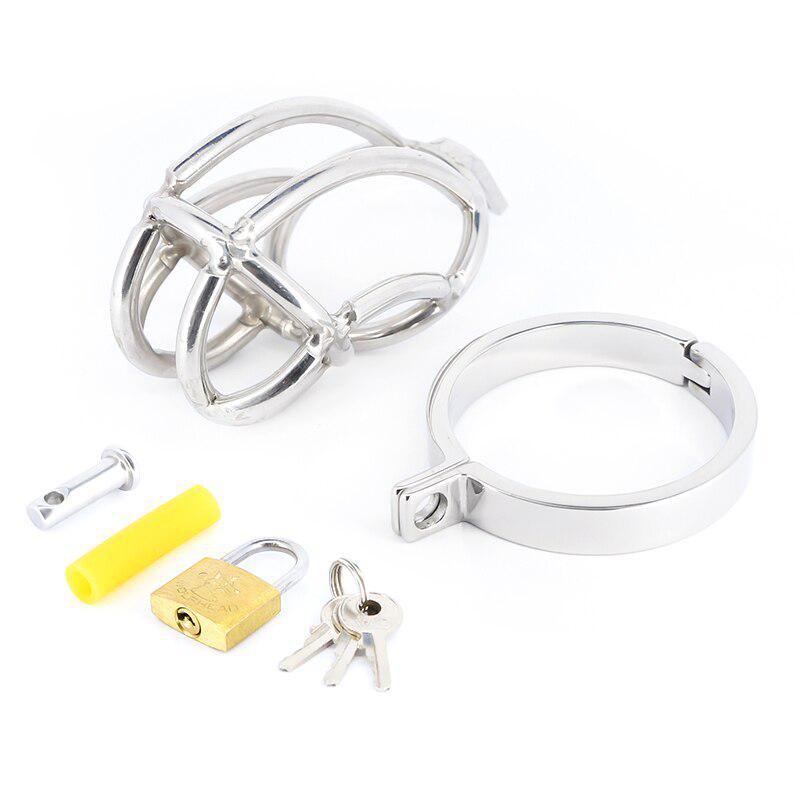 Stainless Steel Male Breathable Cage Ring Lock Chastity Cage with Padlock Belt