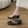 Thick Heel Set Toe Pearl Cool Slippers Women Wear Summer New Rhinestone Mid-heel Toe Sandals