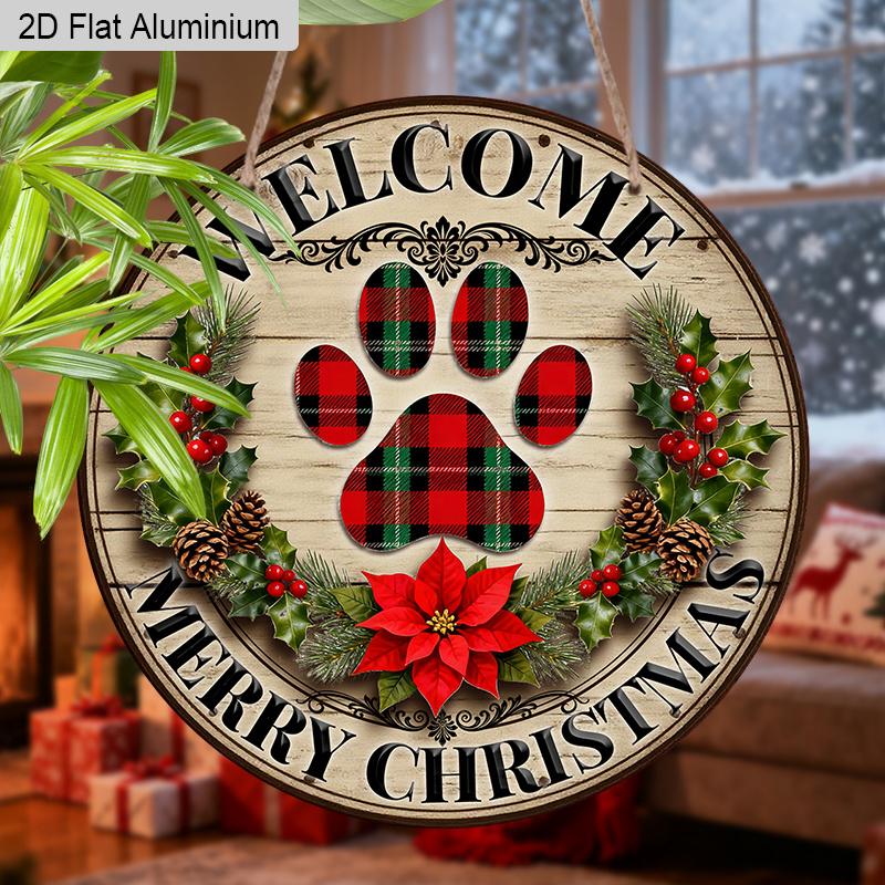 2D Flat Aluminium Christmas Welcome Sign with Paw Pattern - Navidad Figurine Ornaments - Ideal for Front Door, Wall, Porch, Fence Decor - Ideal