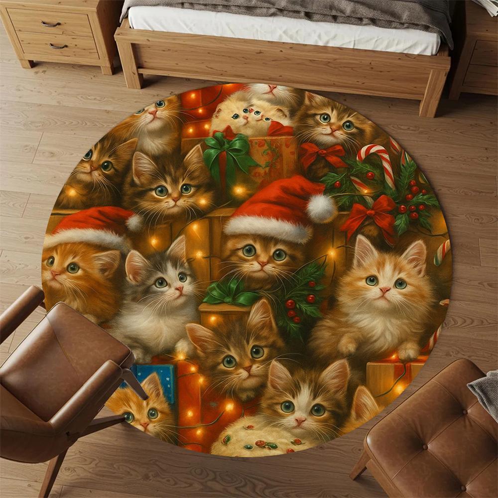 1pc Christmas Kittens Round Chair Mat Area Rug - Non-Slip, Floor Mat for Office, Bedroom, Home Decor Christmas Gift P0811379