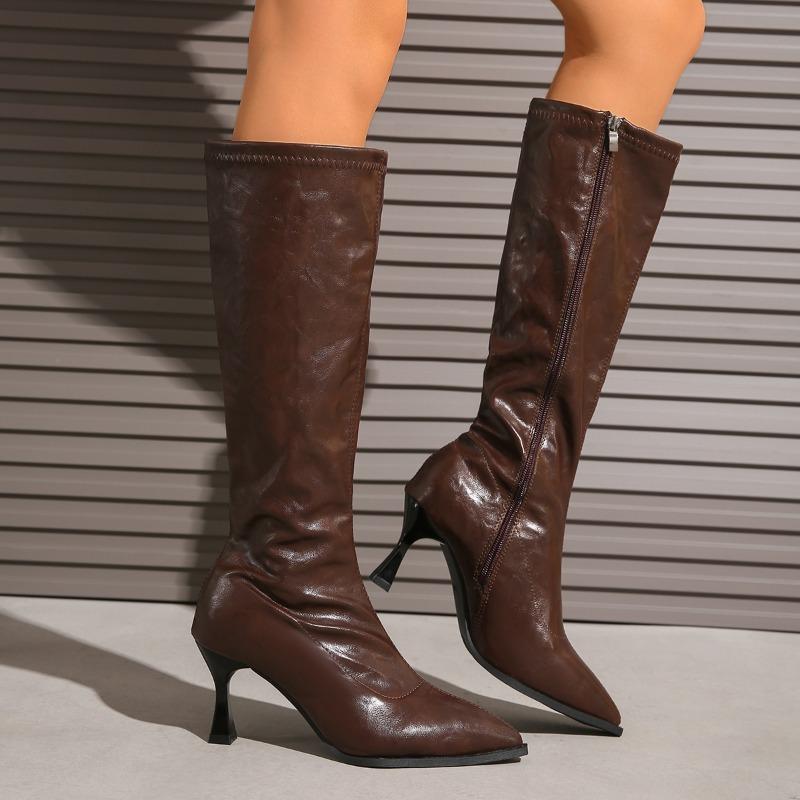 

Autumn Tall Boots Women s Fashion Pointed Toe Side Zipper Non-Slip Wear-Resistant Slim Heel Non-Knee High 42 коричневий