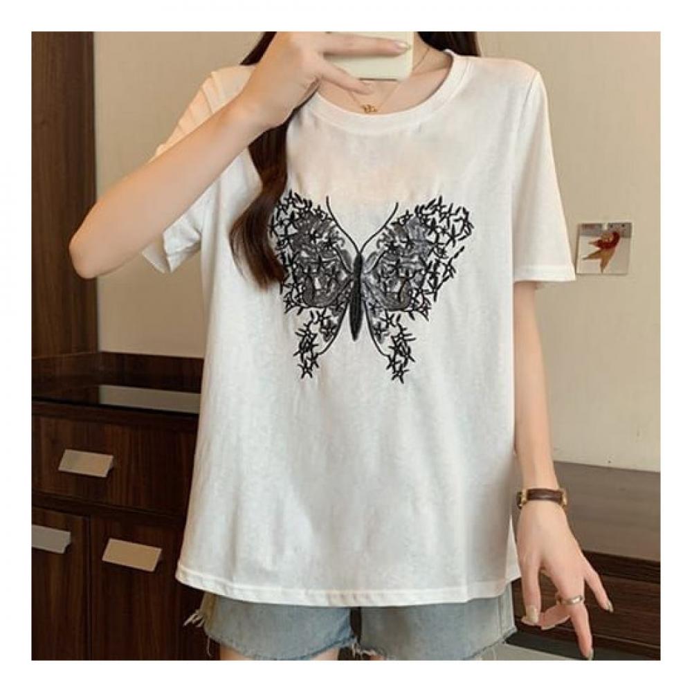 Navava Women S BuTTerfly Embroidery ShorT Sleeve Round Neck T ShirT nT1767
