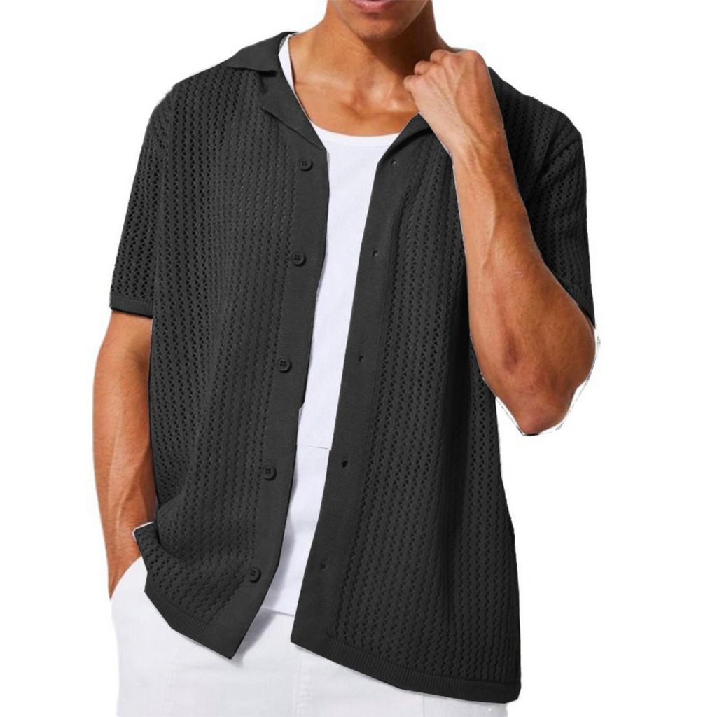 Men's Casual Stylish Knitted Button-down Shirt - Men's -colored Collarless Open-weave Short-sleeved Top