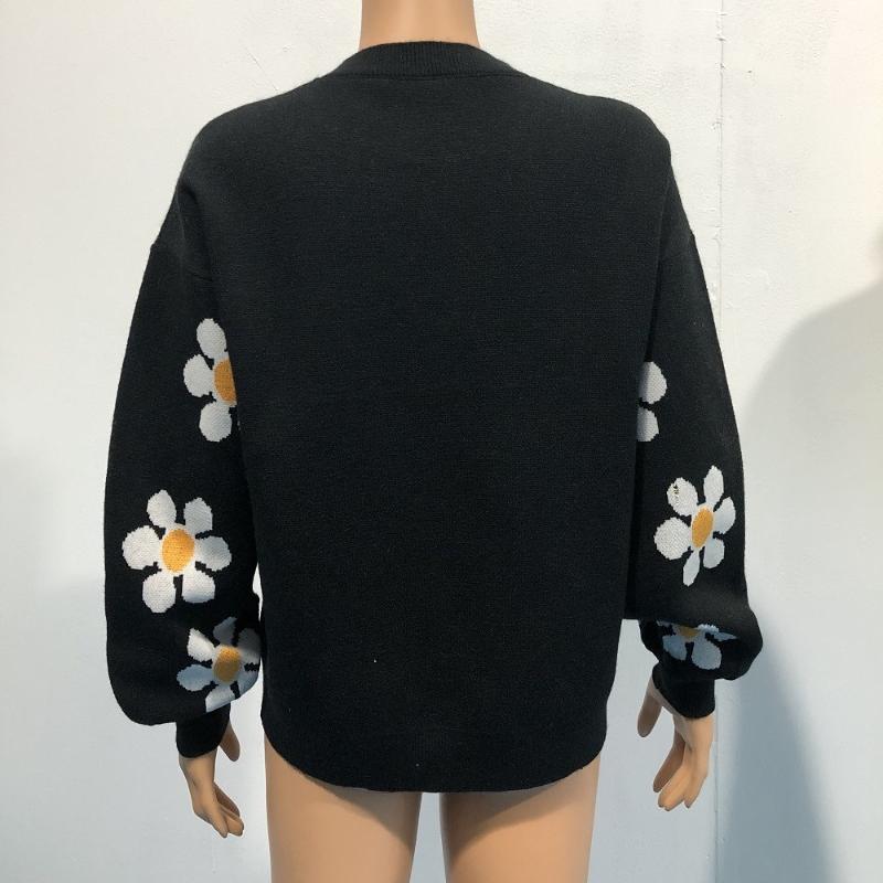 Höst Vinter Rundhals Stickad Pullover Tröja Dam Mode Söt Långärmad Lös Tröjor Dam Krysantemumtryck Varma Stickade Toppar 24638