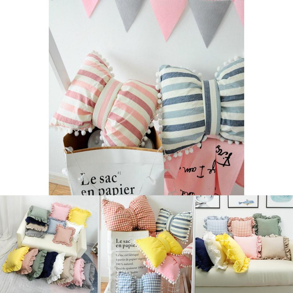 Striped Cotton Cushion With Bow And Pom Pom Trim For Home Decor**