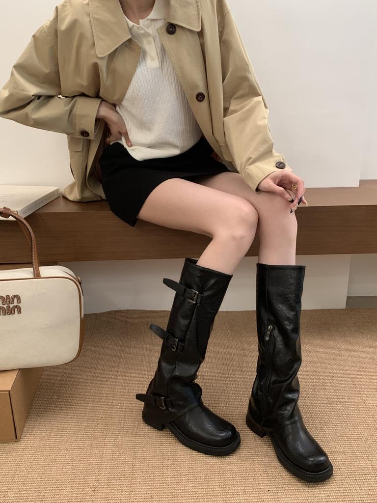 French Thick-soled Thick-heeled Belt Buckle Pleated Boots 2025 New Sweet and Cool Babes Stacked Pants Tube Boots Knight Boots