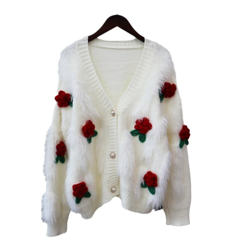 Imitation Mink Fleece Sweater Jacket Women's Autumn and Winter New Loose Three-dimensional Flower Soft Waxy Gentle Wind Knitted Cardigan