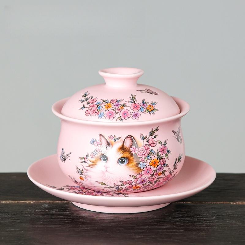Pink Ru Kiln Gai Wan Persian Cat Pattern Household Ceramic Tea Bowl Lady Tea Set Natural Openning Kung Fu Tea Set Tea Ceremony