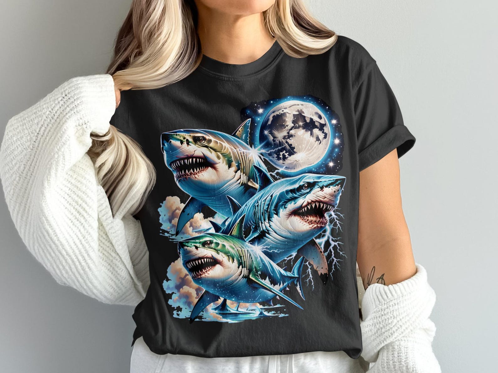 Fierce Shark Moon Lightning T-Shirt, Majestic Ocean Predator Graphic Tee, Cosmic Marine Life Apparel, Stormy Art, Great White Shark Top M