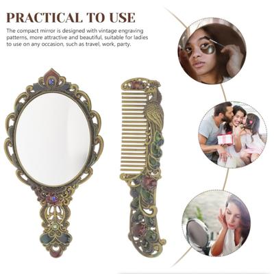 1set Vintage Peacock Makeup Mirror and Comb Women Portable Handheld Travel Vanity Mirror Elegant Retro Design