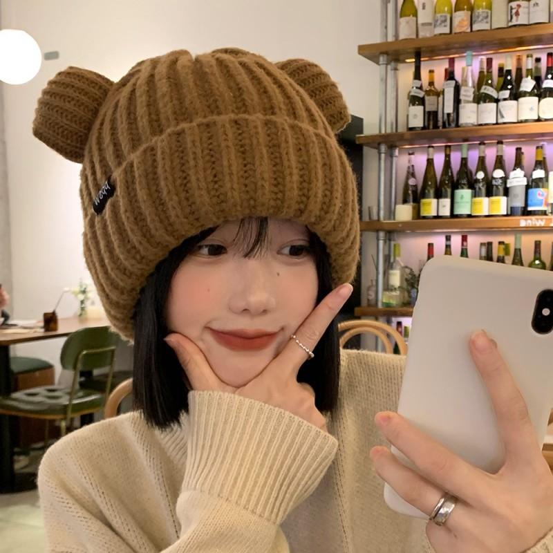 Women Chunky Bear Ear Knit Hat 2025 Korean Loose Slouchy Winter Cap Faux Fur Ears Thermal Ear Flap Beanie