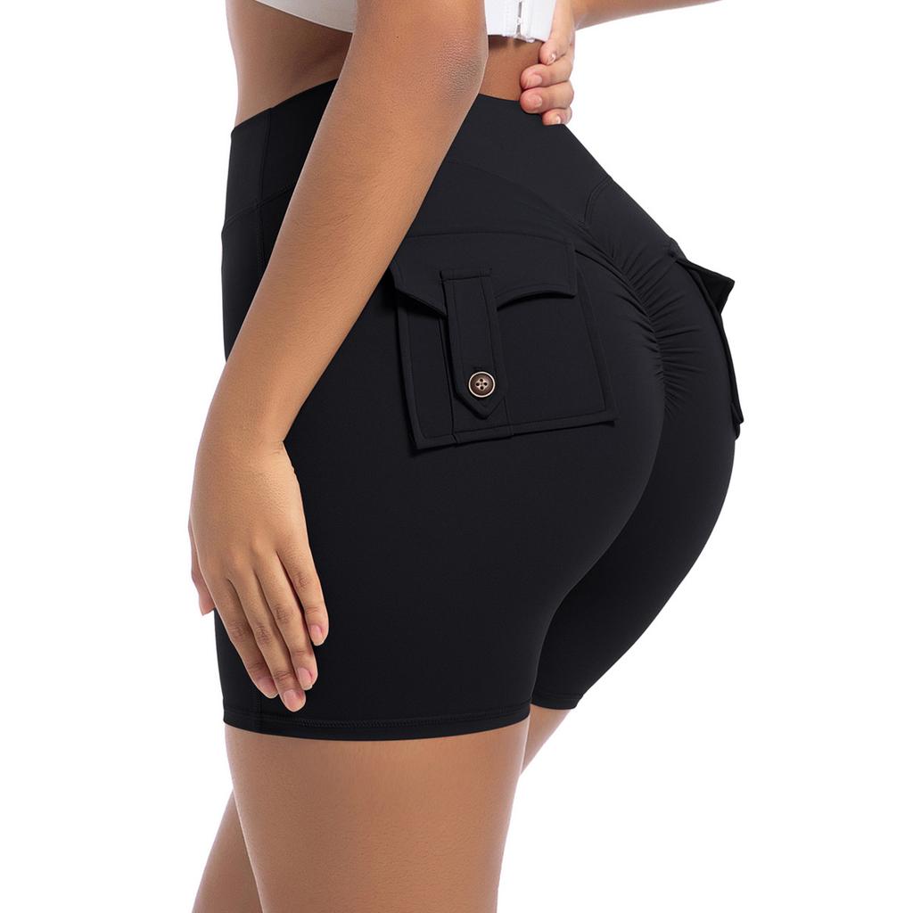 Workwear Pocket Tight Shorts Women's High Waist Elastic Hip Lifting Button Yoga Pants Speed Drying Running Fitness Pants