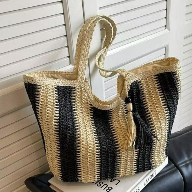 

New shoulder striped straw bag large capacity tote bag women s hand woven bag straw bag seaside vacation beach bag Welt Zipper