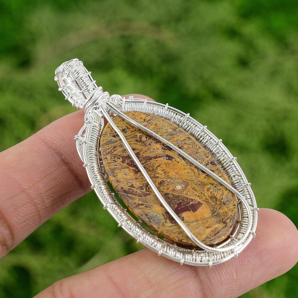 Daughters Day Deal Natural Mariam Jasper Wire Wrap Pendant Jewelry 925 Silver