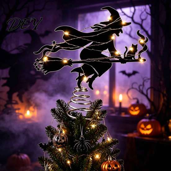 Dark Atmosphere Home Decor Halloween Witch Tree Topper, with LED Lights, Black Iron Decoration Art Silhouette Ornament, for Christmas And Holiday