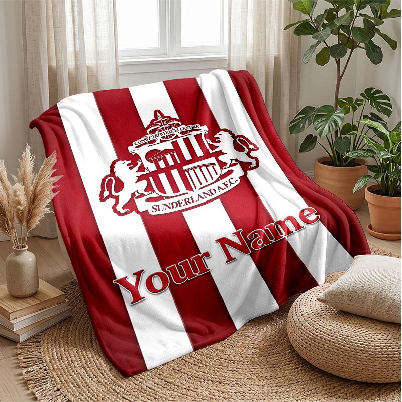 Sunderland FC Custom Name Text Flannel Blanket Soccer Logo Personalized Fleece Throw Blanket Special Gift For Sofa Bedroom Home