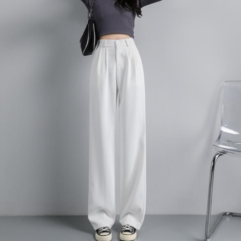 Fashion New Solid Straight Casual Wide Leg Pants Women Elegant Slim Fit High Waist Suit Pants Women Pockets Simple Office Ladies Trousers 25896