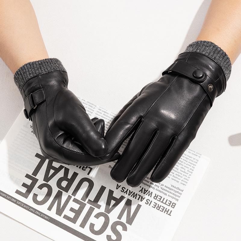 Men's Genuine Leather Gloves with A Top Layer of Sheepskin for Warmth Touch Screen for Cycling Fleece and Thickened  Autumn and Winter