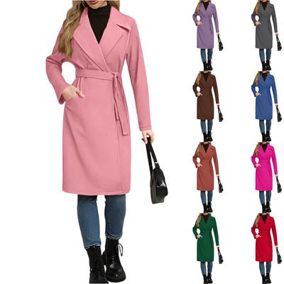 Manteau long en laine unie à manches longues et col en V à nouer pour femme