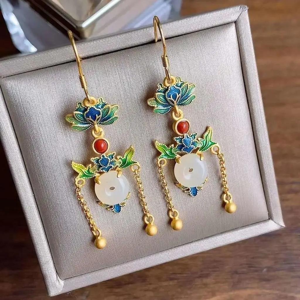 New Gutta Enamel Porcelain Original Tassel Earrings Chinese Retro Court Style Light Luxury Noble Elegant Charm Women'S Jewelry