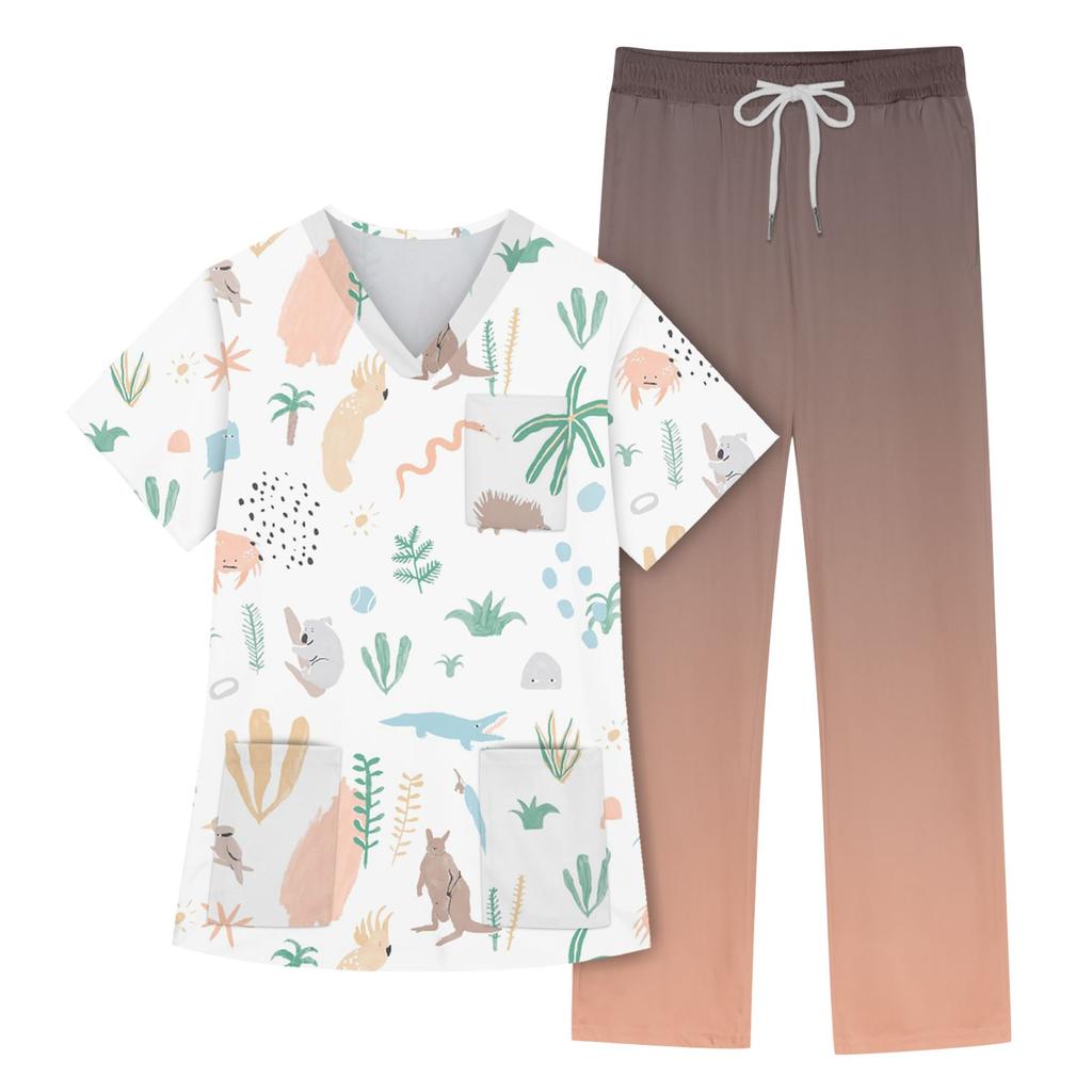 Women's Short Sleeve V Neck Animal Print Chest Pocket Work Top Elastic Waist Pants Two Piece Work Set