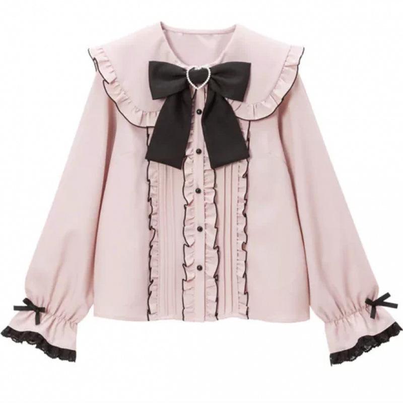 Cross-Border Europe Cute Versatile Japanese Style Bow Long Sleeve Ruffle Shirt for Women