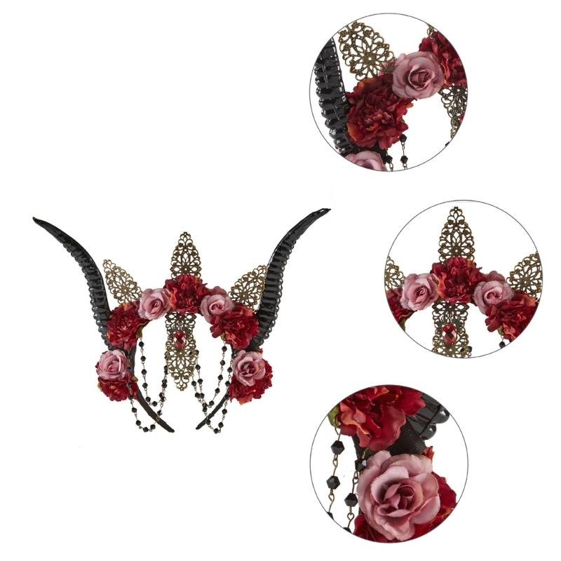 Schafshorn Gothic Stirnband Steampunk Teufelshörner Rosenblüten Dekorationen für Halloween Kostümparty Foto-Requisiten