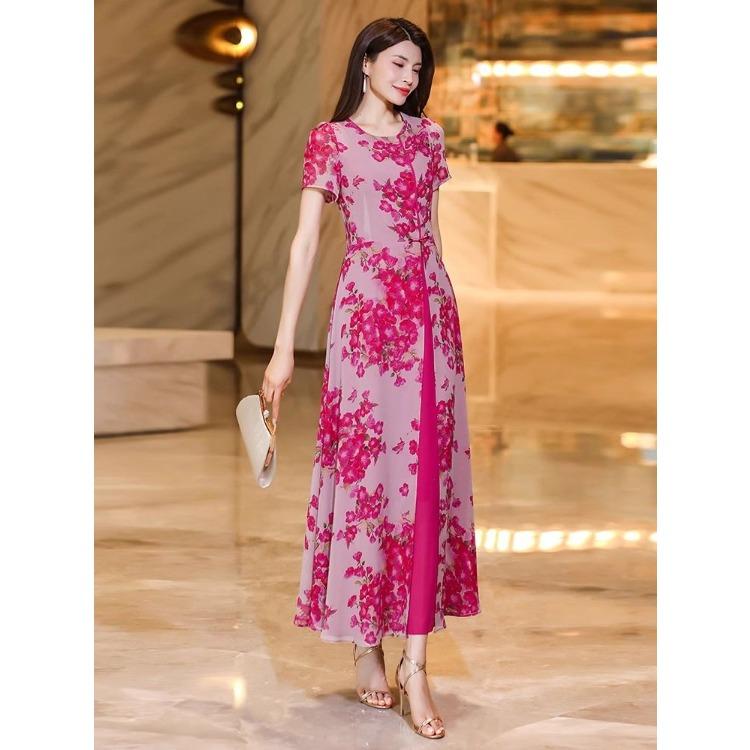Modisches Damen Sommerkleid Blumen Chiffon Langes Kleid Schlankmachender und Anmutiger Stil