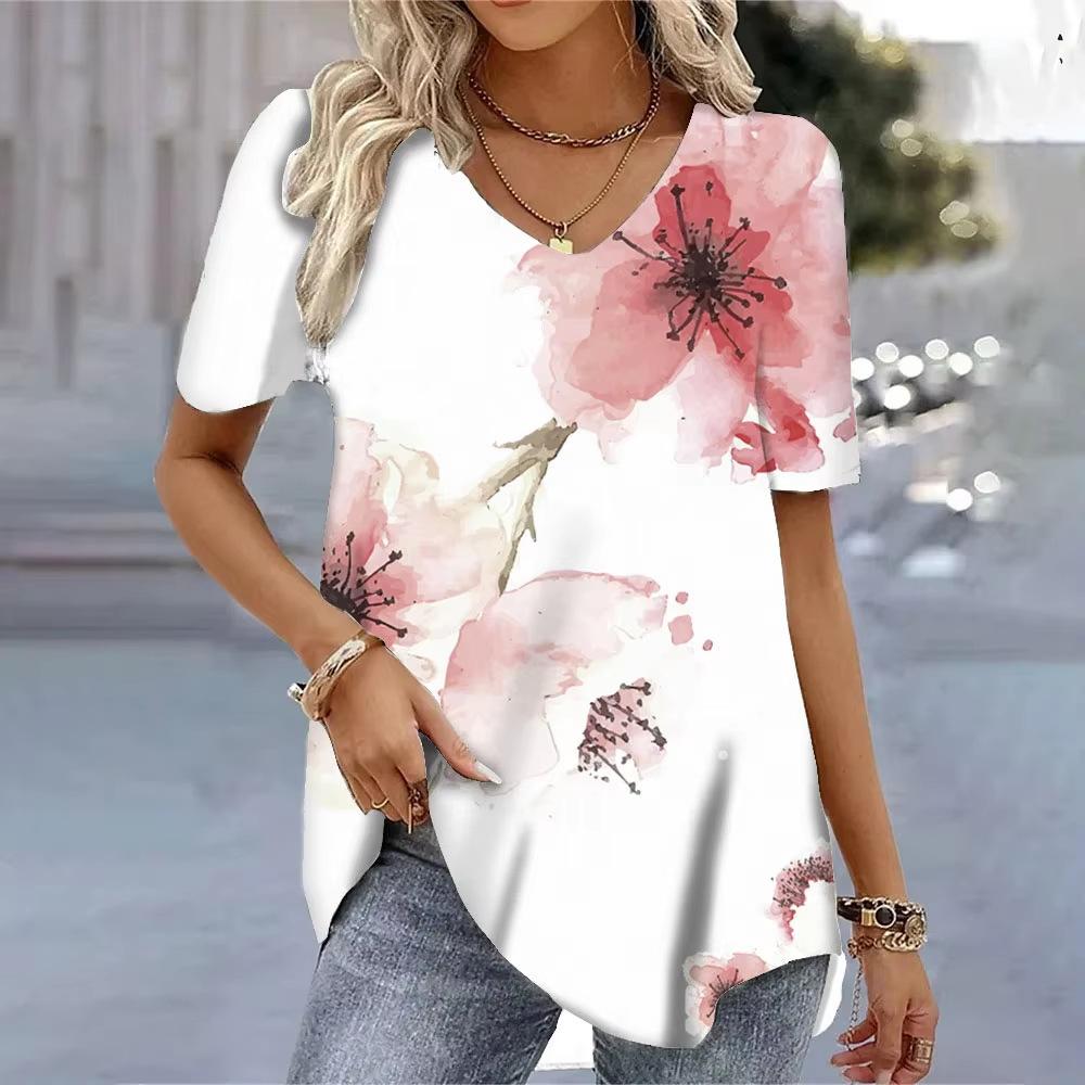 Casual Versatile Plant Pattern Short Sleeve V-Neck T-Shirts Women’s