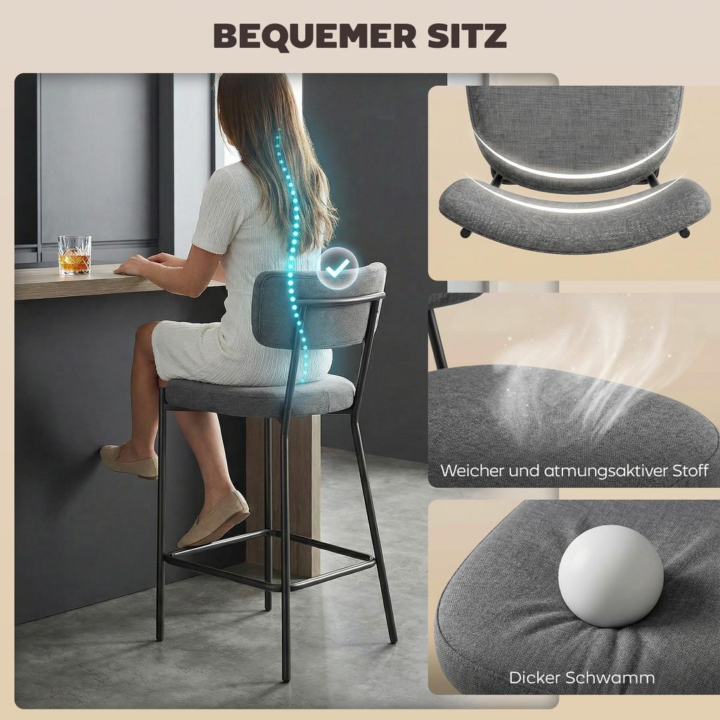 Bar Stools in a Set of 2, Upholstered Bar Chairs with Curved Backrest, for Kitchen Island, Breakfast Area, Grey