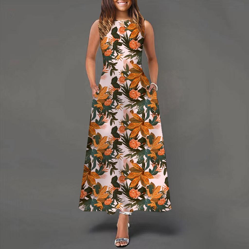 Women's Casual Printing Big Hem Dresswave Round Neck Sleeveless Long Dress