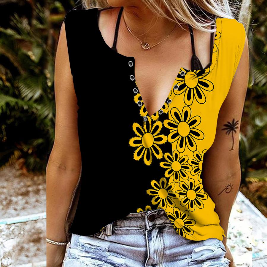 Women Tanks Sexy V Neck Sleeveless Summer Tops Vest 3D Graffiti Flowers Print Cool Lightweight Tops