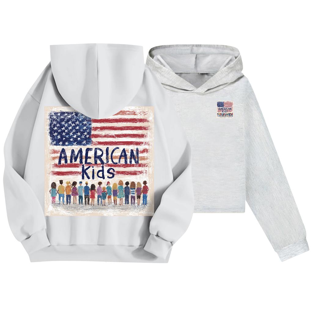 Kids Casual Fashion American Flag Printed Long Sleeve Hooded Sweatshirt