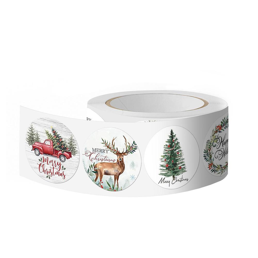 500 ks Různé vánoční samolepky v roli, Papírové samolepicí štítky smíšených barev s nápisy 'Merry Christmas' & 'Happy Holidays' pro balení a pečetění dárků