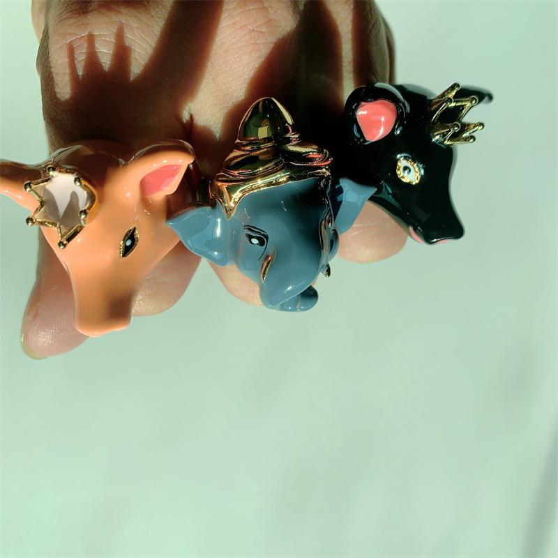 Exaggerated Enamel Drip Glaze Animals Large Ring Pig Bull Head Elephant Massive Rings Y2K Punk Jewelry Gift For Women