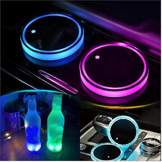 2PCS LED Car Cup Holder Lights, Light Up Car Coasters For Cup Holders 7 Colors Changing USB Charging Mat Waterproof Cup Pad, Car Gifts For Men &
