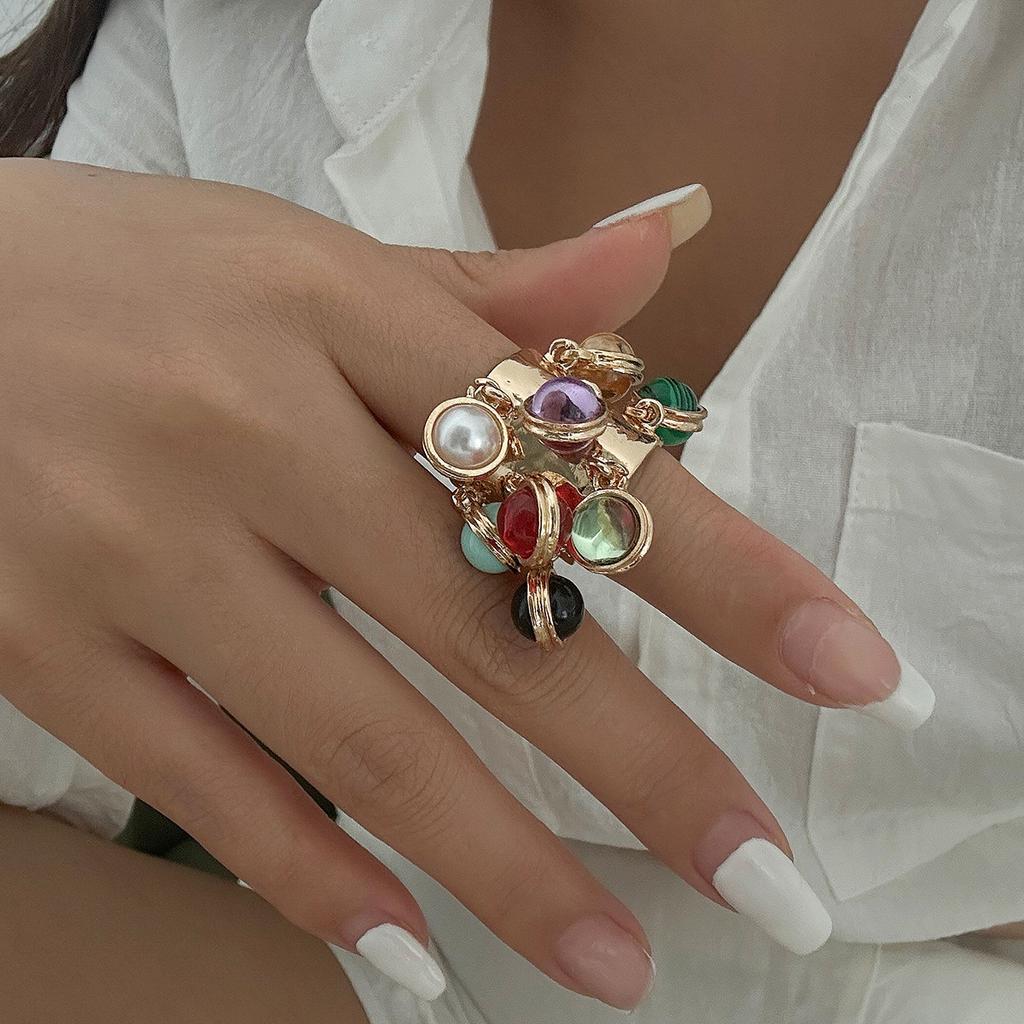 Colorful Stone Multi Pendant Tassel Bead Rings for Women Exaggerated Large Grunge Adjustable Finger Ring Geometric Jewelry Accessories Gift