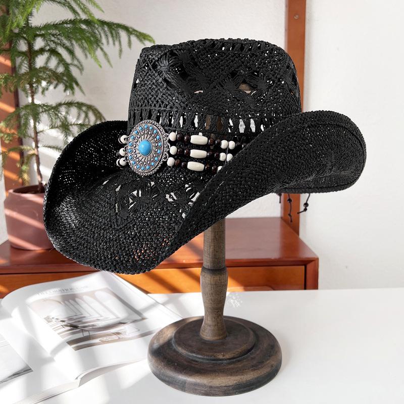 Hollowed-out straw knight hat for women, summer ethnic style sun protection hat, western cowboy straw hat, men's sun hat