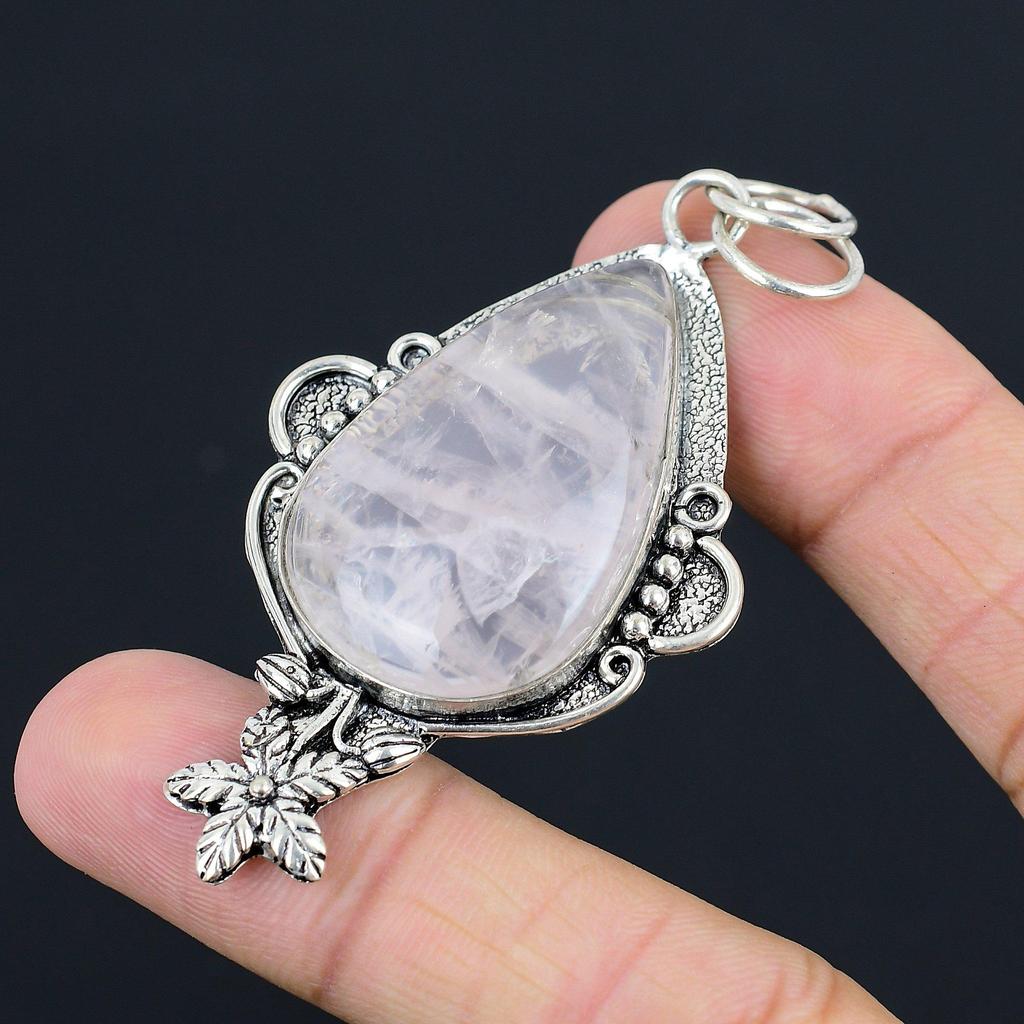 Natural Rose Quartz Gemstone Pendant Flower Pink 925 Sterling Silver Jewelry
