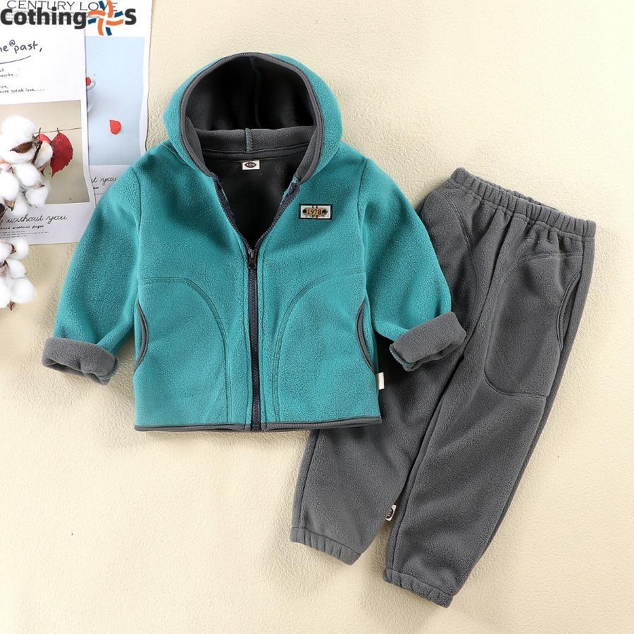 Dziecięcy jesienno-zimowy garnitur z aksamitu z ziarnami, kurtka i spodnie dla dzieci średnich i dużych, chłopięcy i dziewczęcy, pogrubiony dwuczęściowy garnitur z kapturem na zewnątrz