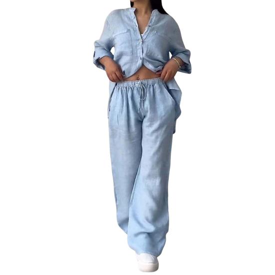 2Pcs/Set Women Shirt Pants Set Solid Color Long Sleeves Single-breasted V Neck Blouse Elastic Waist Loose Wide Leg Trousers Casual Commute Clothes