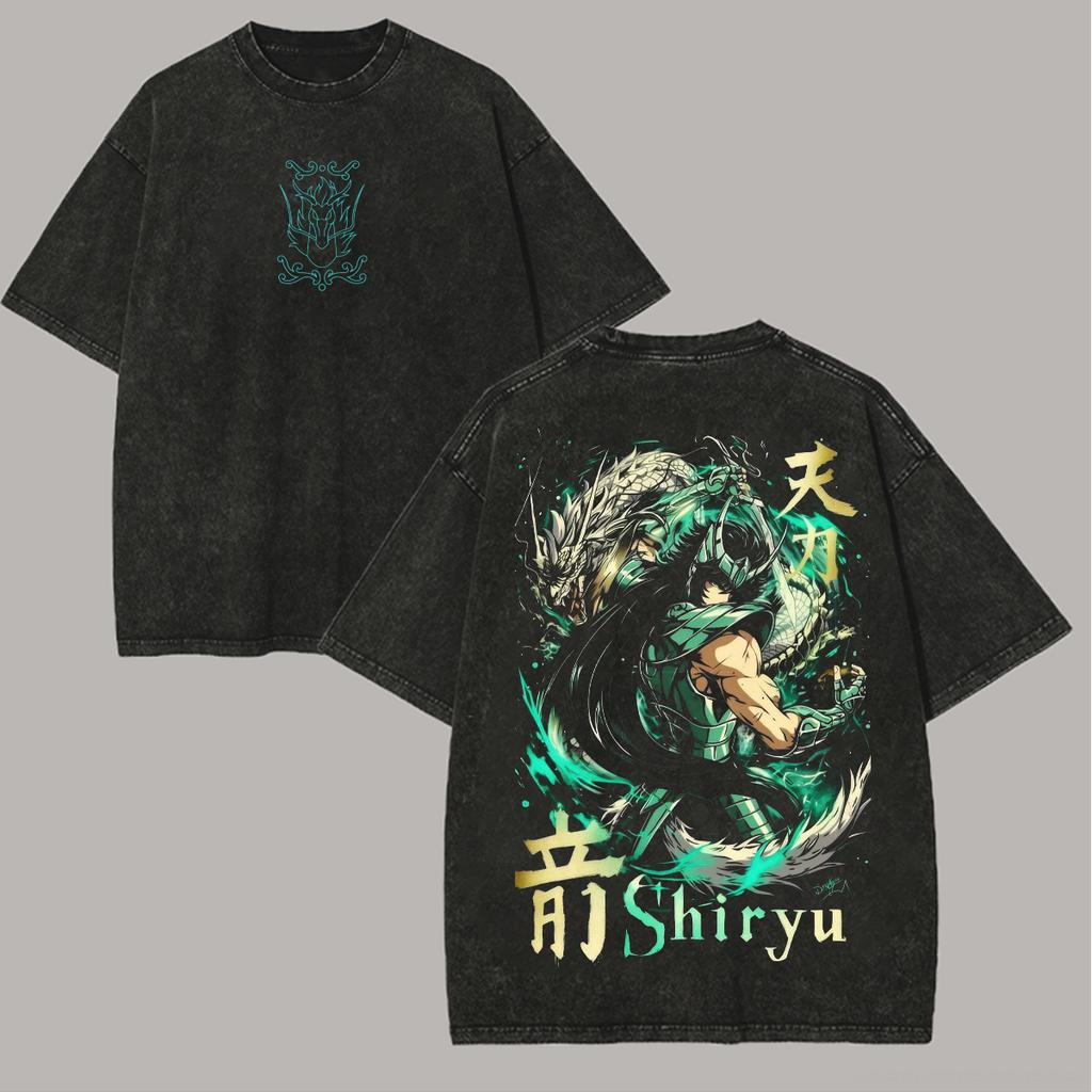 Saint Seiya Drache Shiryū Anime Liebhaber Ausgewaschenes T-Shirt Ganzjahreskleidung Hohe Qualität Persönlichkeit Kleidung Übergröße Unisex Neues Modell Paare T-Shirt