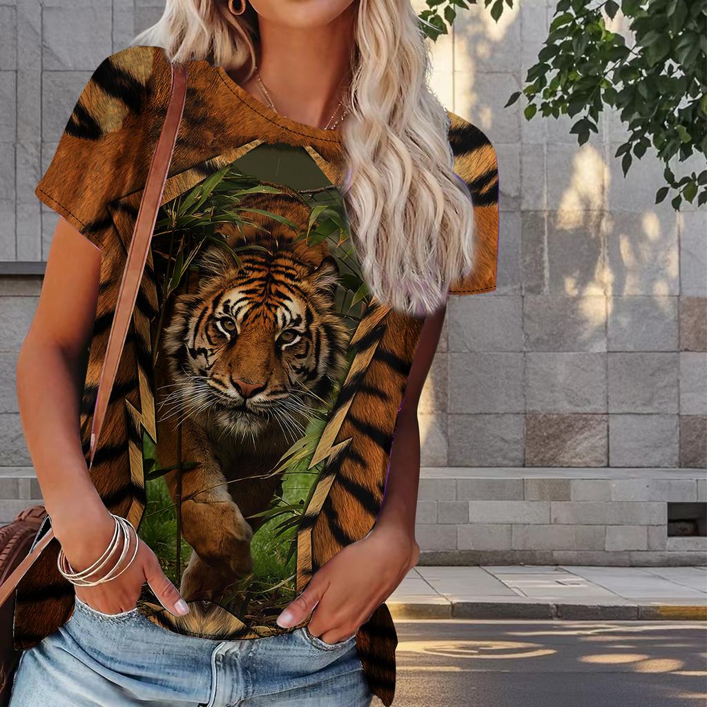 Women Summer T Shirt Tiger Print Retro Fashion Short Sleeve Tees Casual   Printed  Tops
