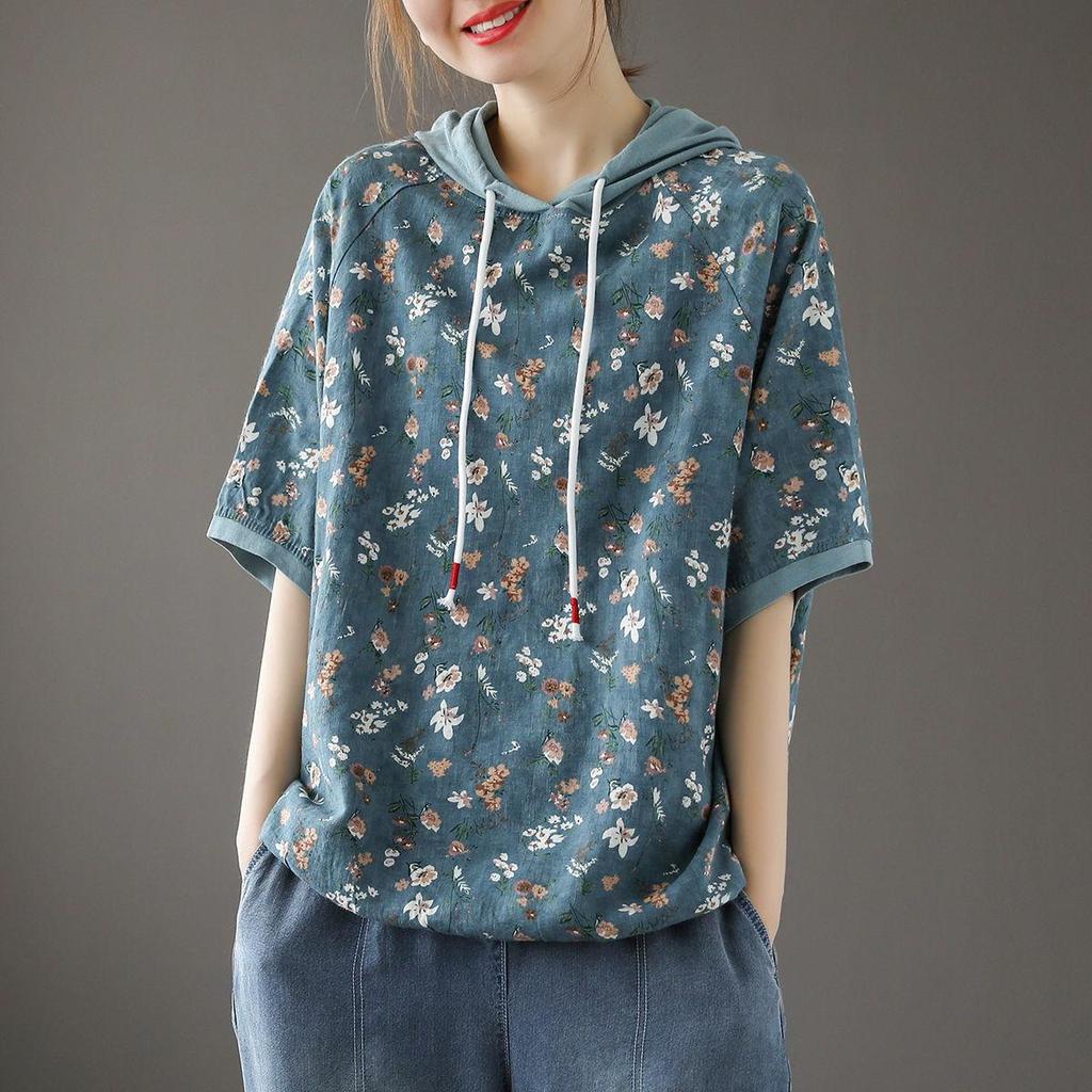 Μπλουζάκι Art Retro με κουκούλα με κοντό μανίκι για γυναικεία λεπτή και ευέλικτη μπλούζα πουλόβερ με λουλούδια