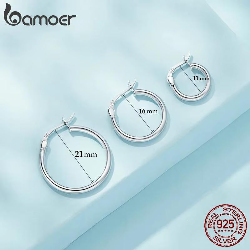 BAMOER 925 Silver Bold Classic Hypoallergenic Hoop Earrings, 14K White Gold Plated Glossy Tube Earrings for Women Gift