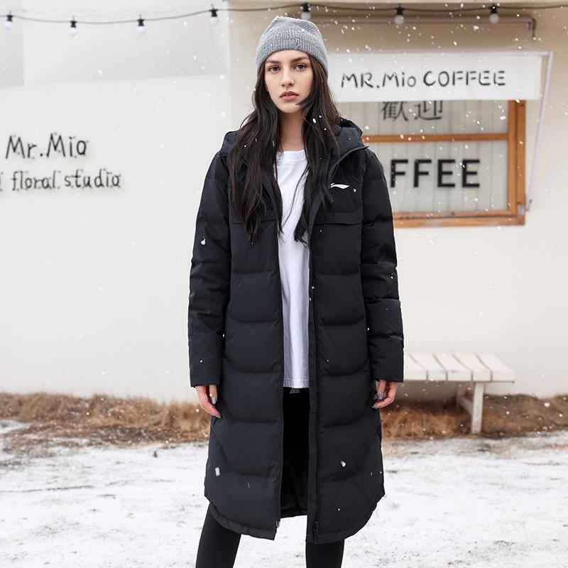 Li Ning Fitness Series Windproof Warm Loose Solid Color Thick Long Hooded Down Jacket Unisex Outerwear Black YYMU151-1