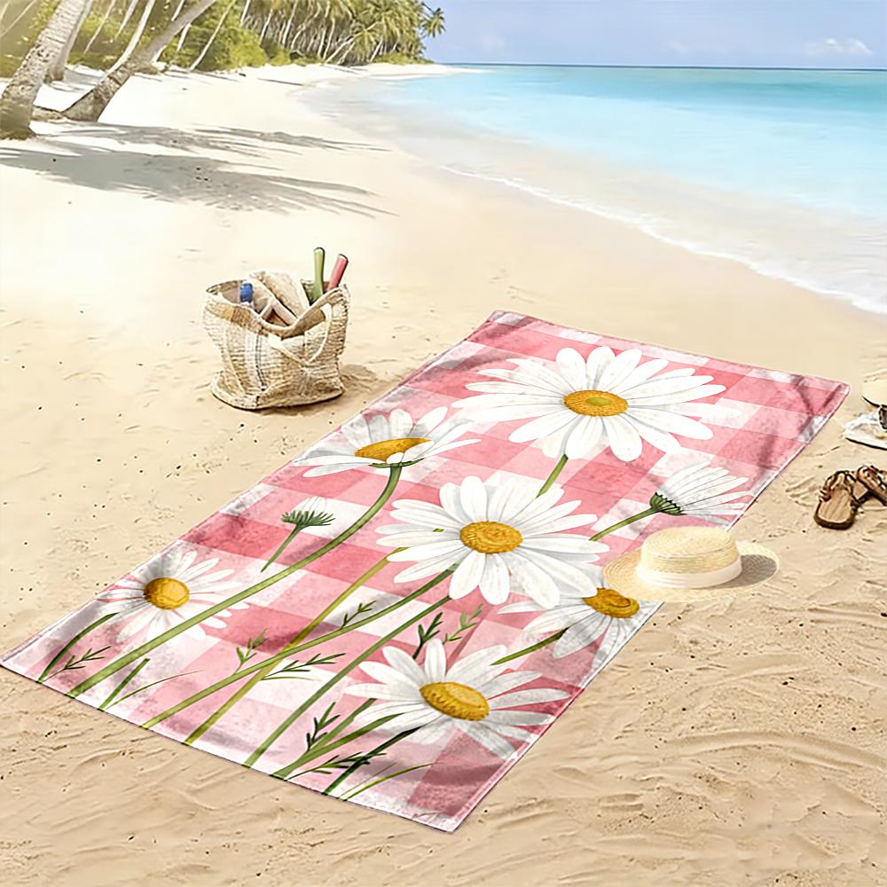 Daisy Pattern on Pink Checkered Background Beach towel quick-drying for travel outdoor sports jogging beach and swimming