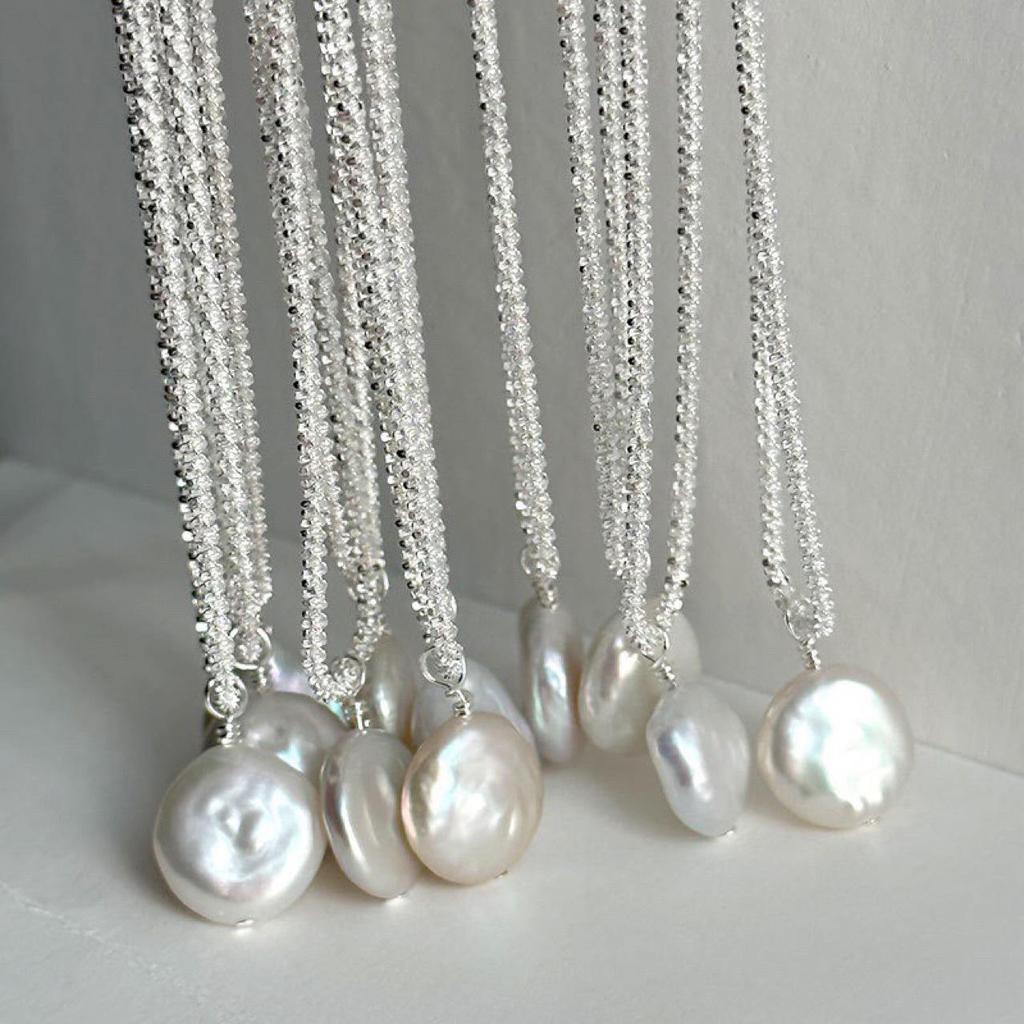 S925 Sterling Silver Baroque Pearl Pendant Necklace with Clavicle Chain