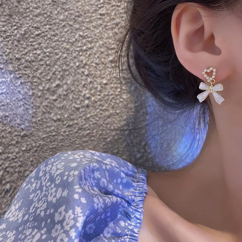 Korean Earings Jewelry Grace Cute Sweet Imitation Pearl Bow Earrings